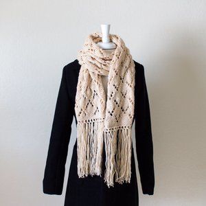 Hand Knit Boho Fringe Scarf for Women, Lace Knit Thick Soft Scarf Fall Winter